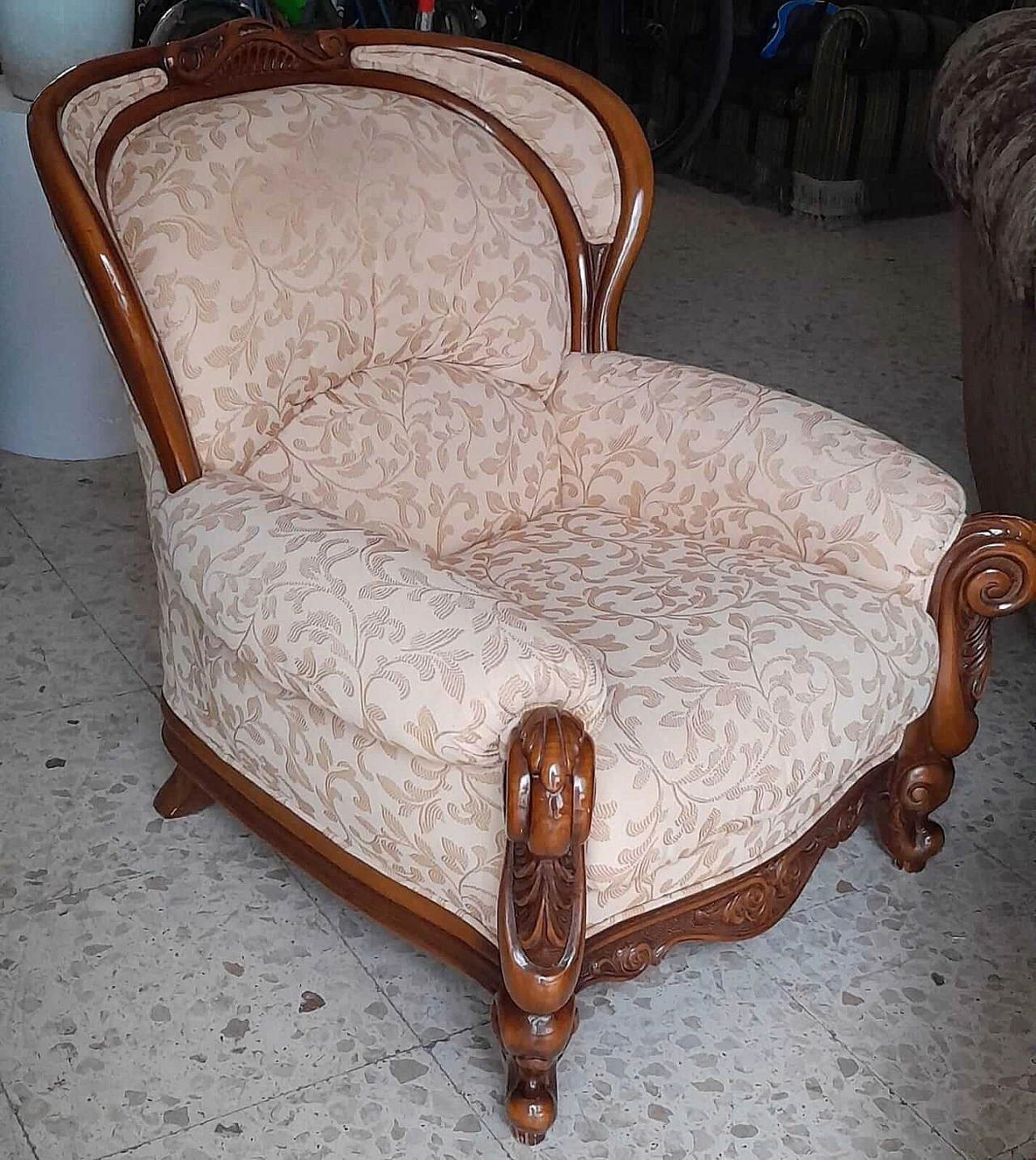 Wood and powder-pink damask fabric armchair, 1950s 9