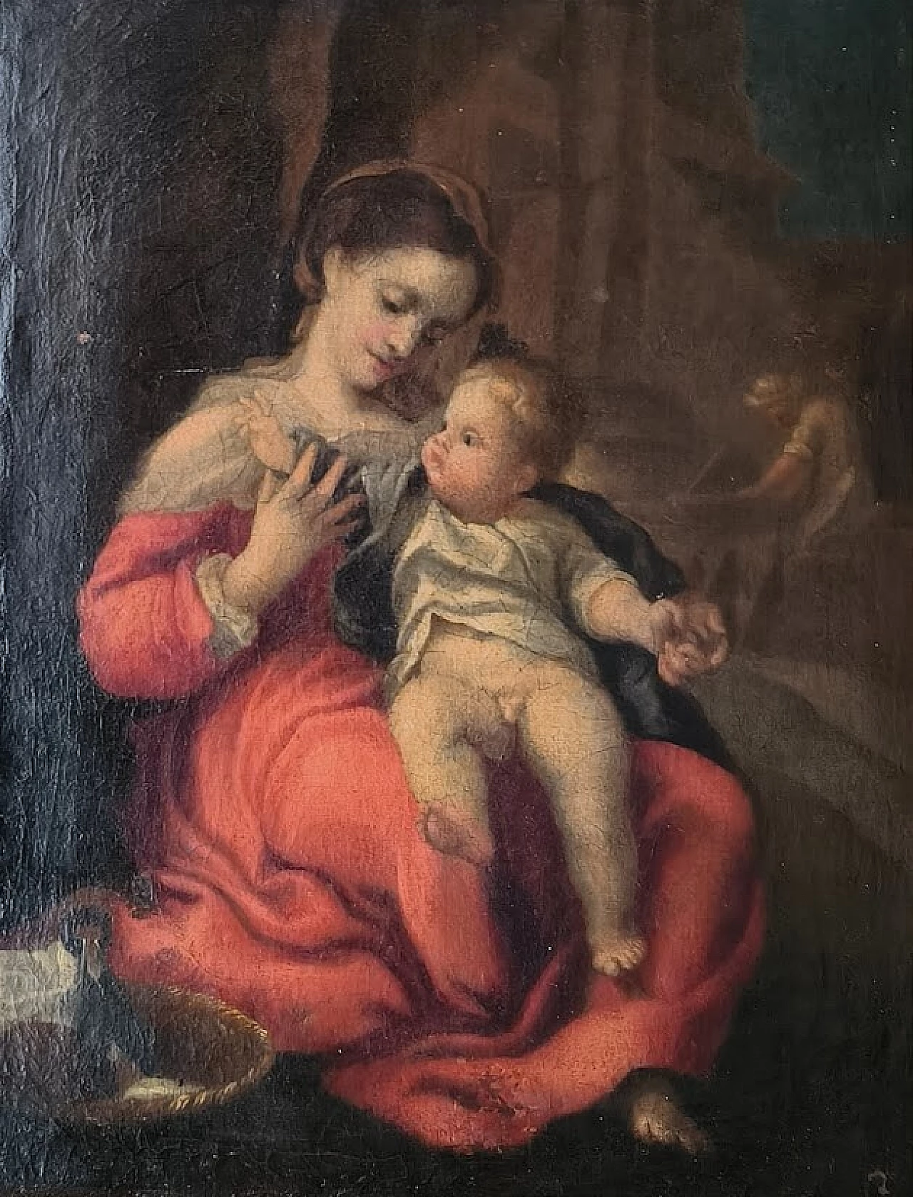 Riproduzione della Madonna della Cesta di Correggio, dipinto a olio su tela, '600 1