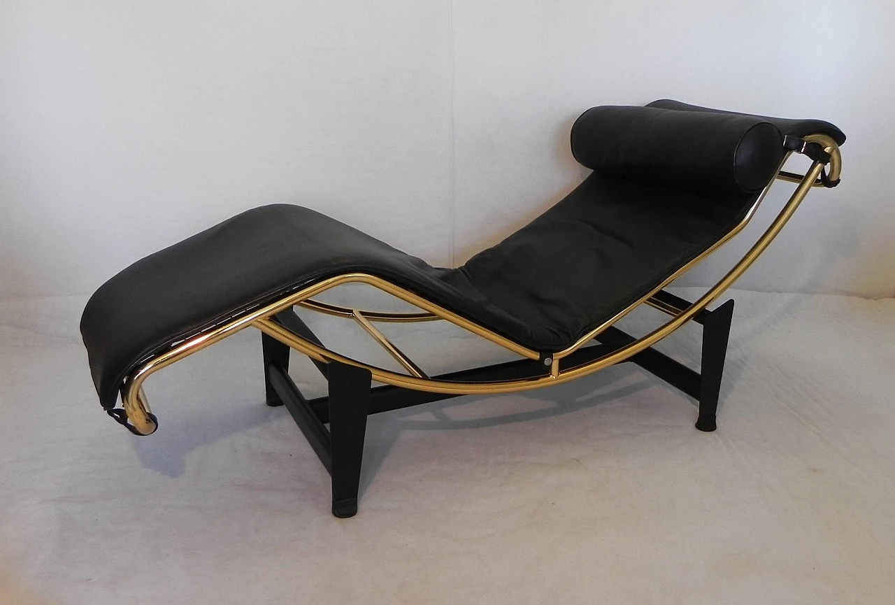 Bauhaus style gilded metal and leather chaise longue, 1980s 1