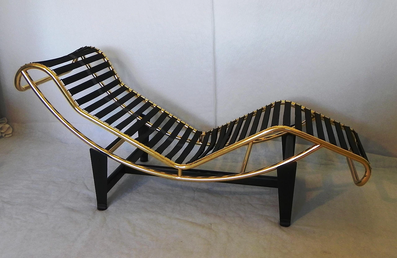 Bauhaus style gilded metal and leather chaise longue, 1980s 5