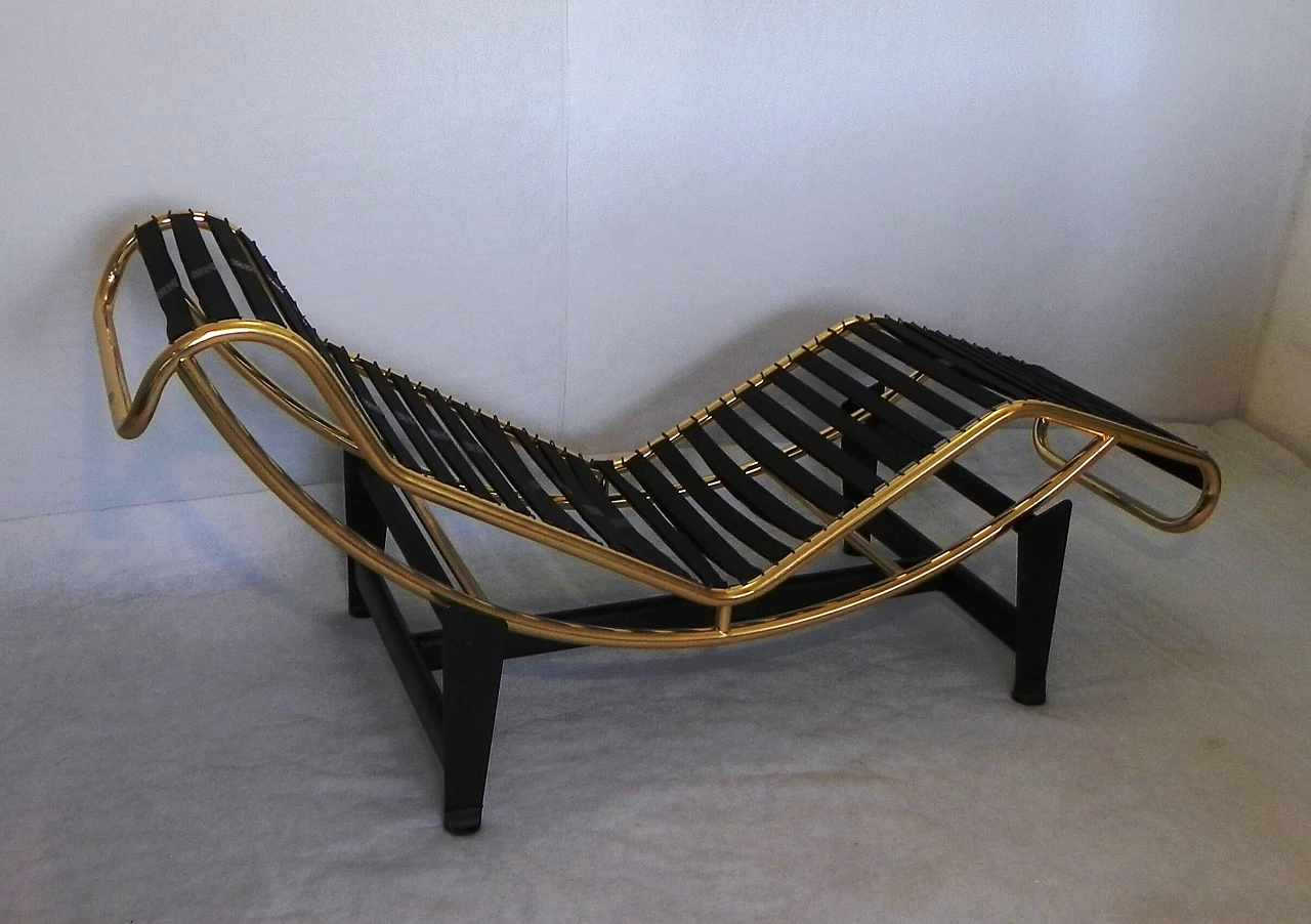 Chaise longue stile Bauhaus in metallo dorato e pelle, anni '80 6