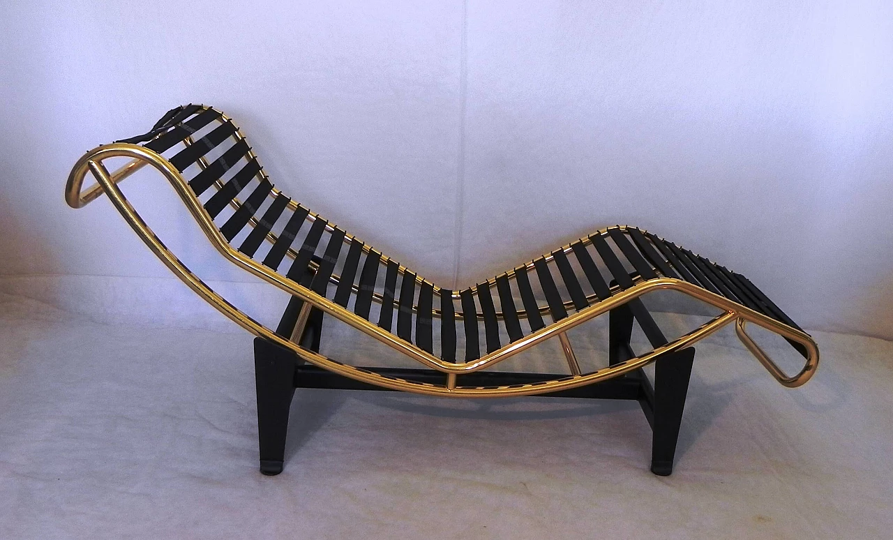 Chaise longue stile Bauhaus in metallo dorato e pelle, anni '80 8