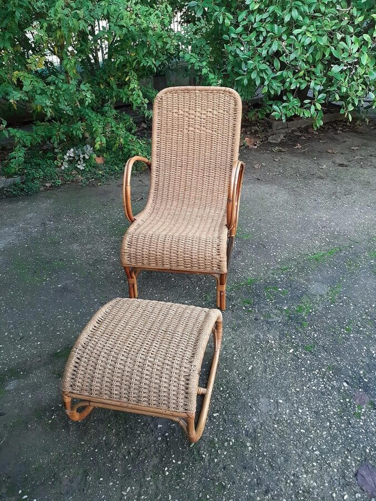 Armchair with footstool in malacca and woven rope with wooden frame, 1950s 2