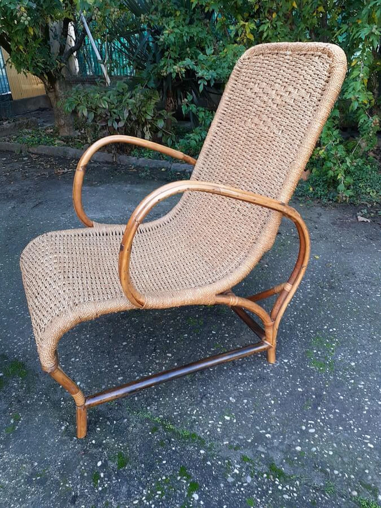 Armchair with footstool in malacca and woven rope with wooden frame, 1950s 3