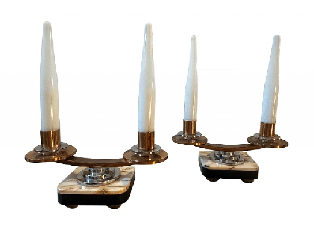 Coppia di lampade da tavolo Art Déco in metallo, marmo e vetro, anni '30 1