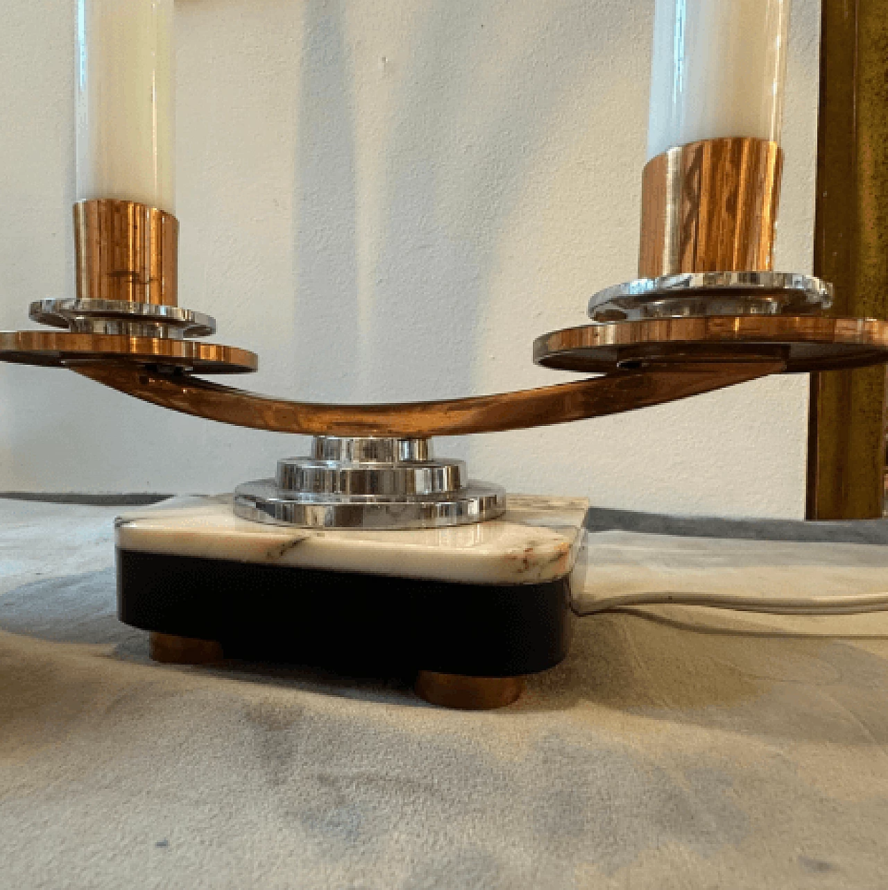 Coppia di lampade da tavolo Art Déco in metallo, marmo e vetro, anni '30 6