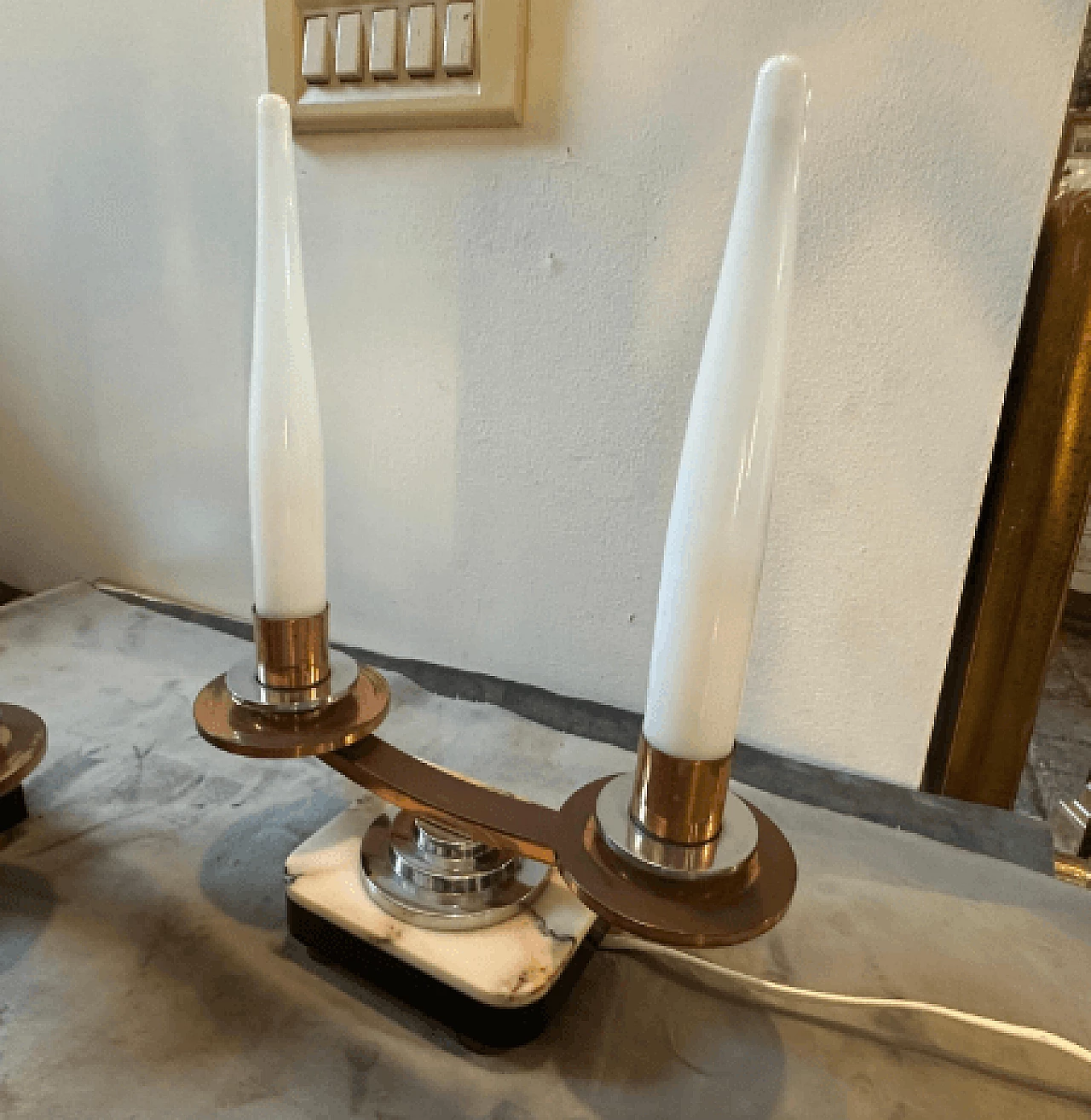 Coppia di lampade da tavolo Art Déco in metallo, marmo e vetro, anni '30 7