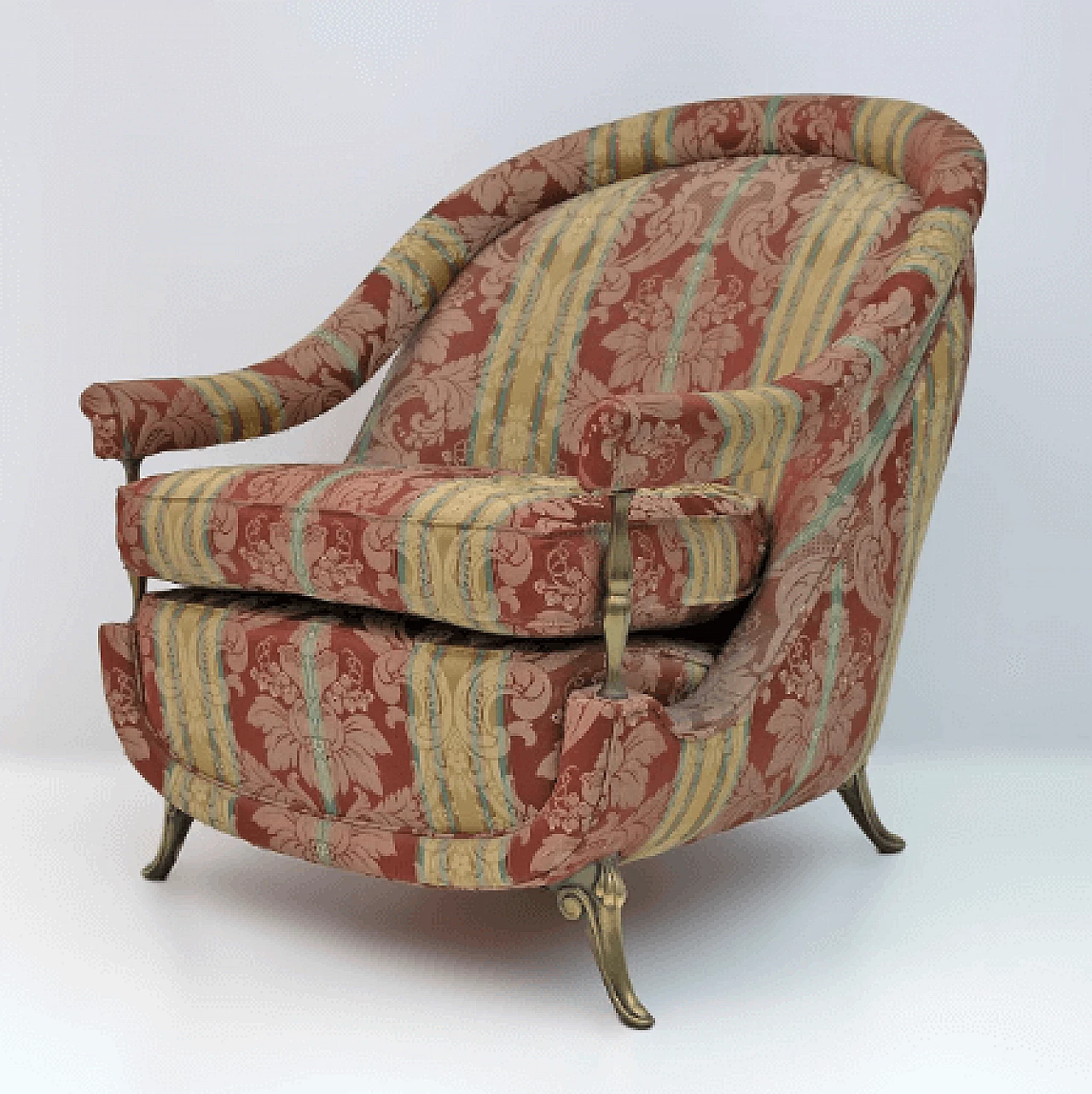 Coppia di poltrone Art Déco francesi in ottone e tessuto, anni '50 4