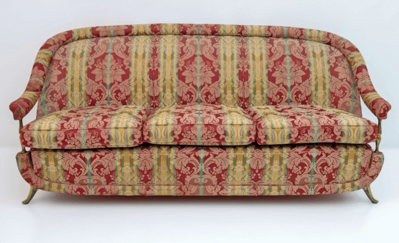 French Art Deco brass and fabric sofa, 1950s 2