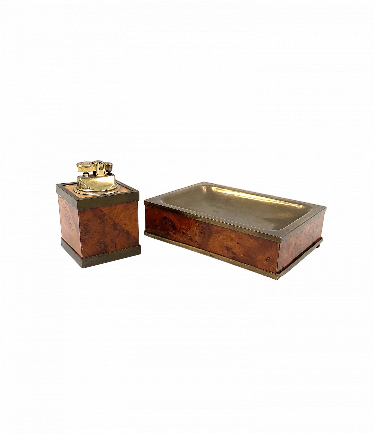 Wood and brass ashtray and table lighter, 1950s 17