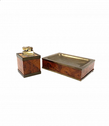 Wood and brass ashtray and table lighter, 1950s