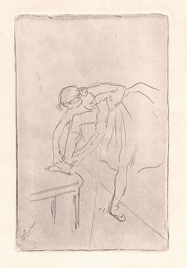 Edgar Degas, Danseuse mettant son chausson, etching, 1911