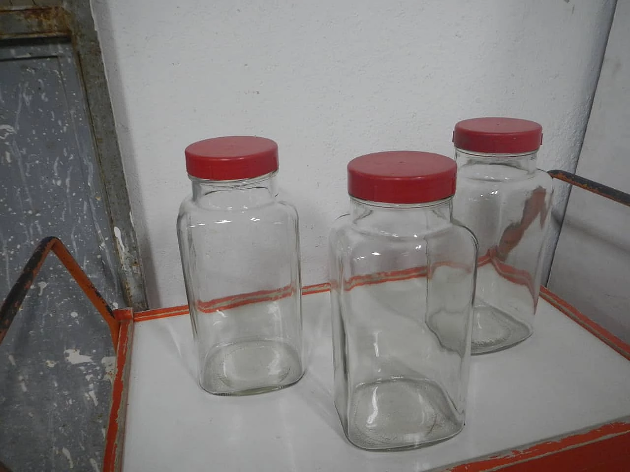 3 Glass store jars with red plastic caps, 1970s 1