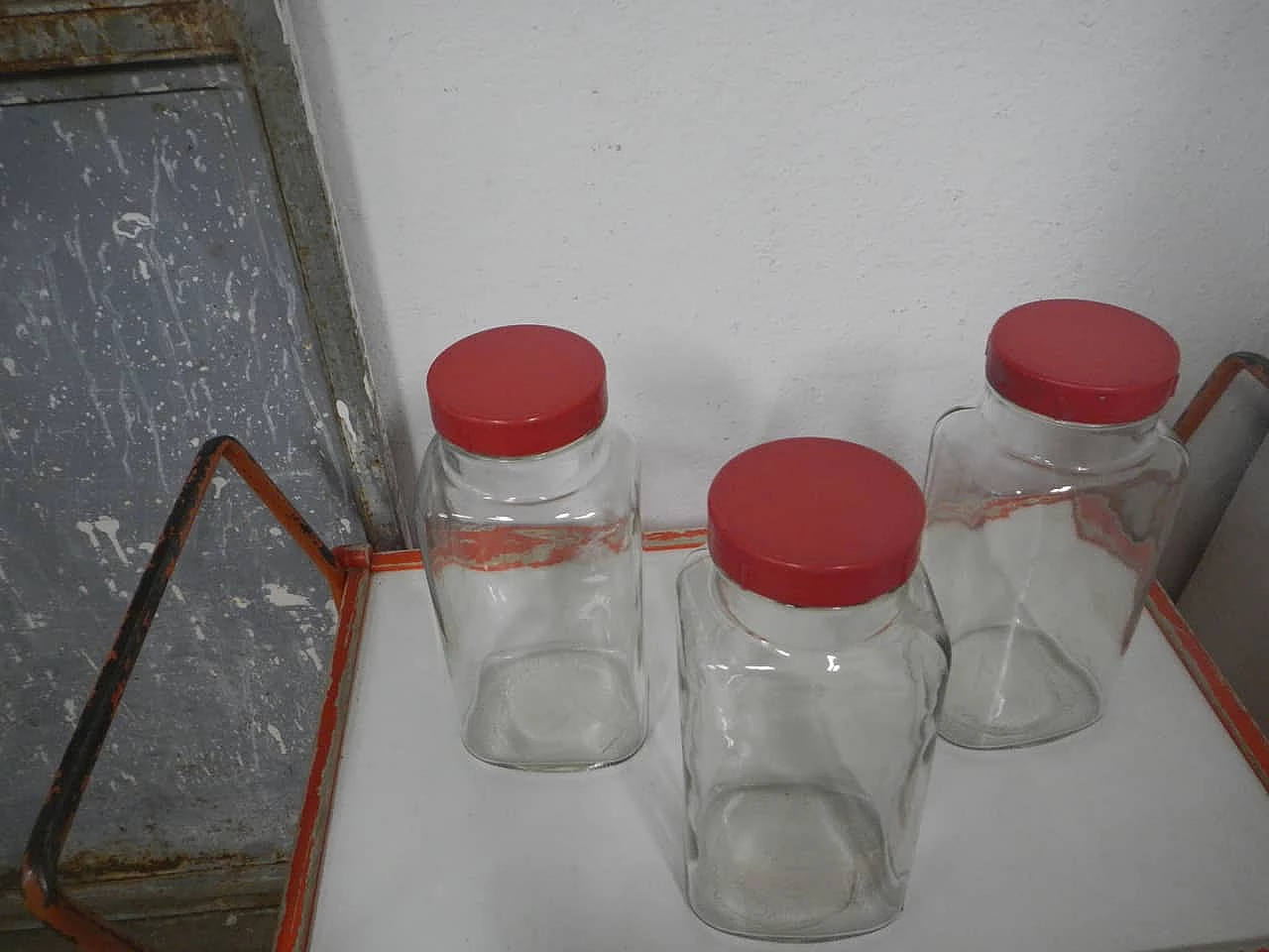 3 Glass store jars with red plastic caps, 1970s 2