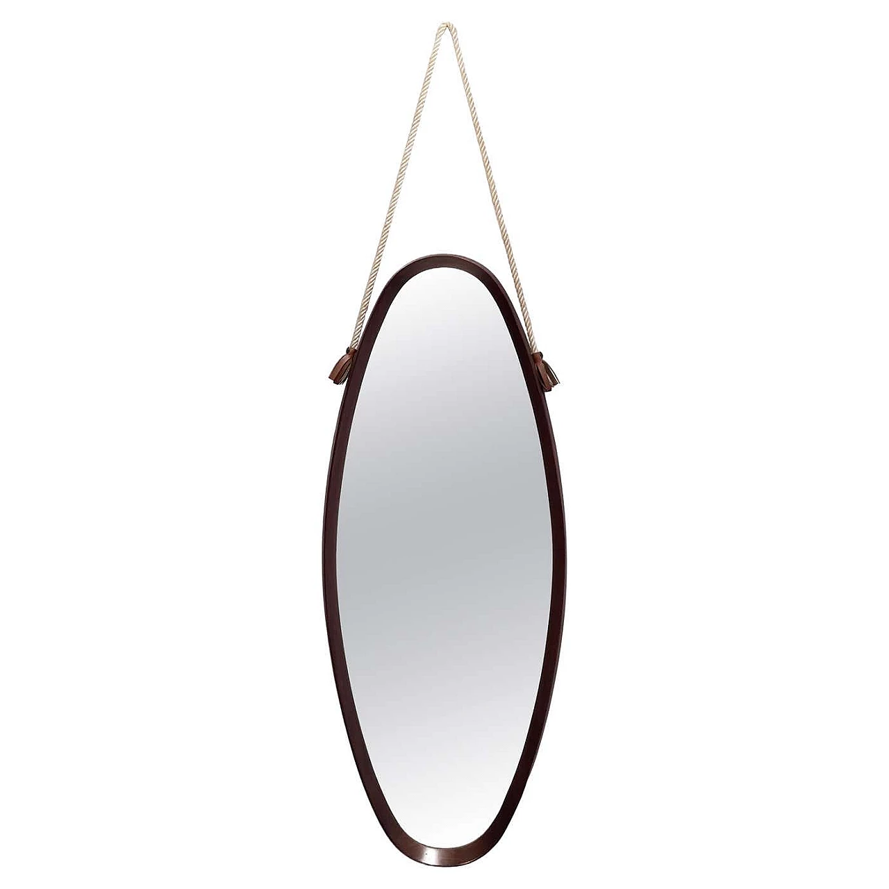 Specchio da parete ovale con cornice in faggio ebanizzato e corda in nylon, anni '50 1