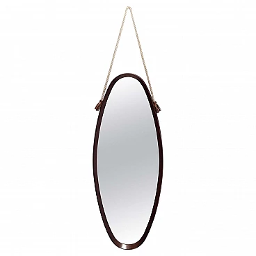 Oval wall mirror with ebonised beech frame and nylon cord, 1950s