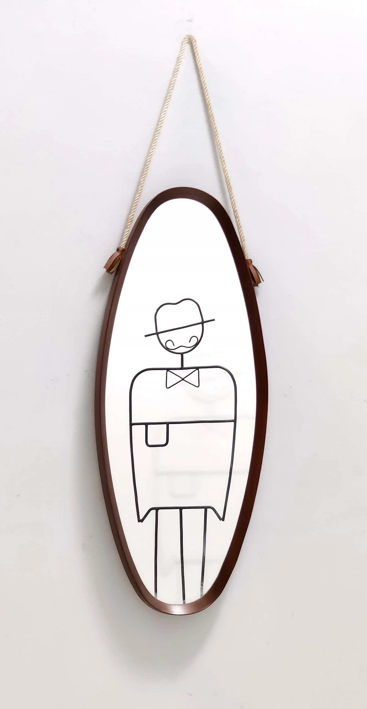 Specchio da parete ovale con cornice in faggio ebanizzato e corda in nylon, anni '50 6
