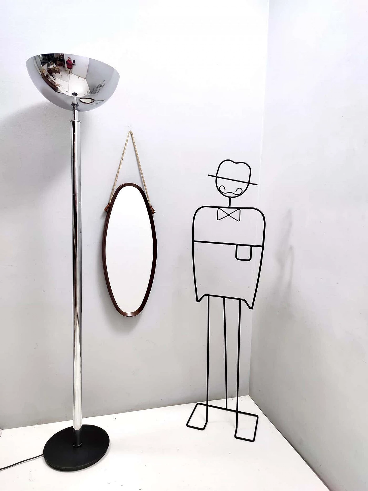 Specchio da parete ovale con cornice in faggio ebanizzato e corda in nylon, anni '50 7