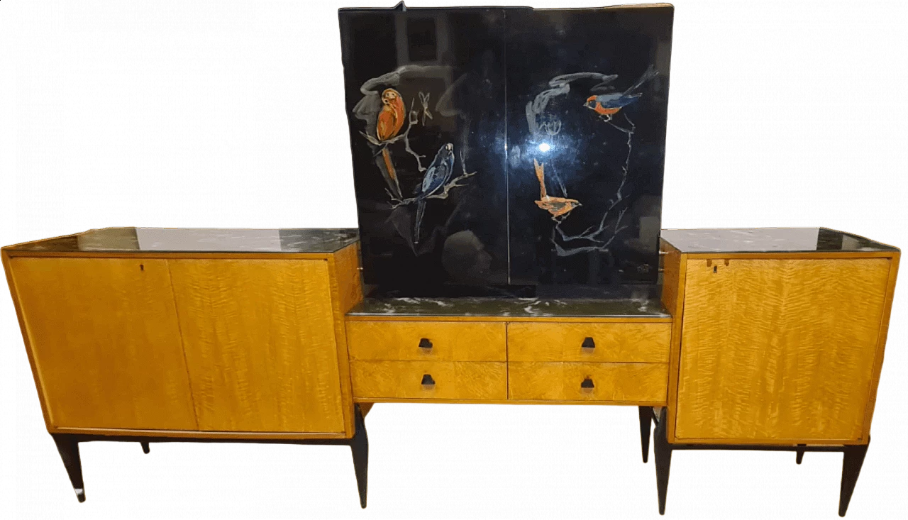 Credenza in legno con mobile bar ad ante decorate, anni '50 13