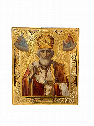 Russian icon of St. Nicholas blessing, oriental colours on panel, early 20th century