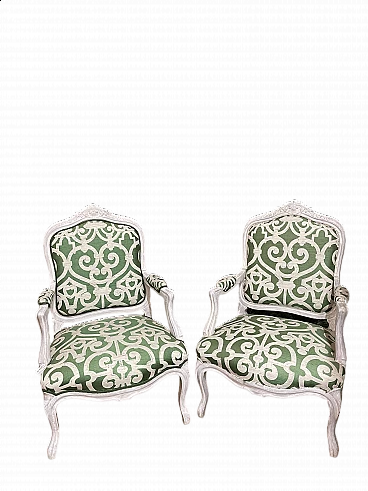 Pair of Rococo-style armchairs in carved walnut and Dedar silk, early 20th century