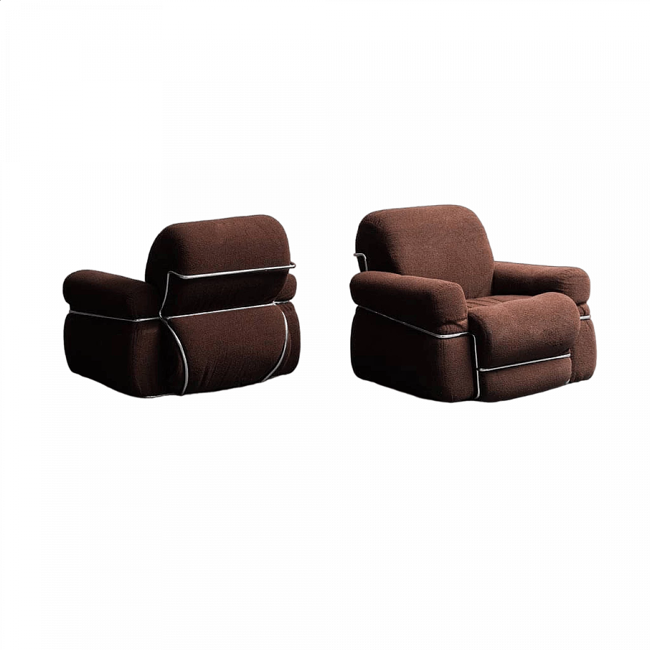 Pair of brown fabric and tubular metal armchairs, 1970s 12