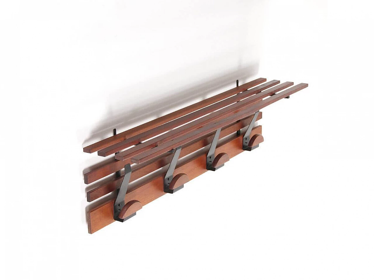 Appendiabiti da parete in legno e metallo con cappelliera, anni '60 3