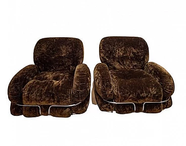 Pair of Okay armchairs in coffee-coloured velvet by Adriano Piazzesi, 1970s