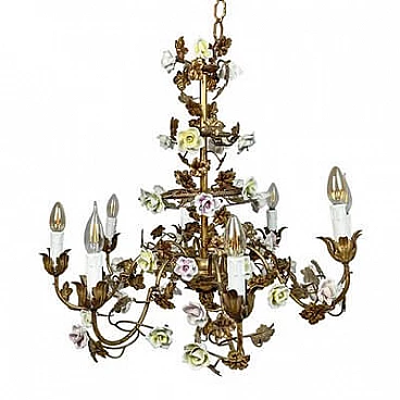 Gilded metal chandelier with porcelain roses, early 20th century