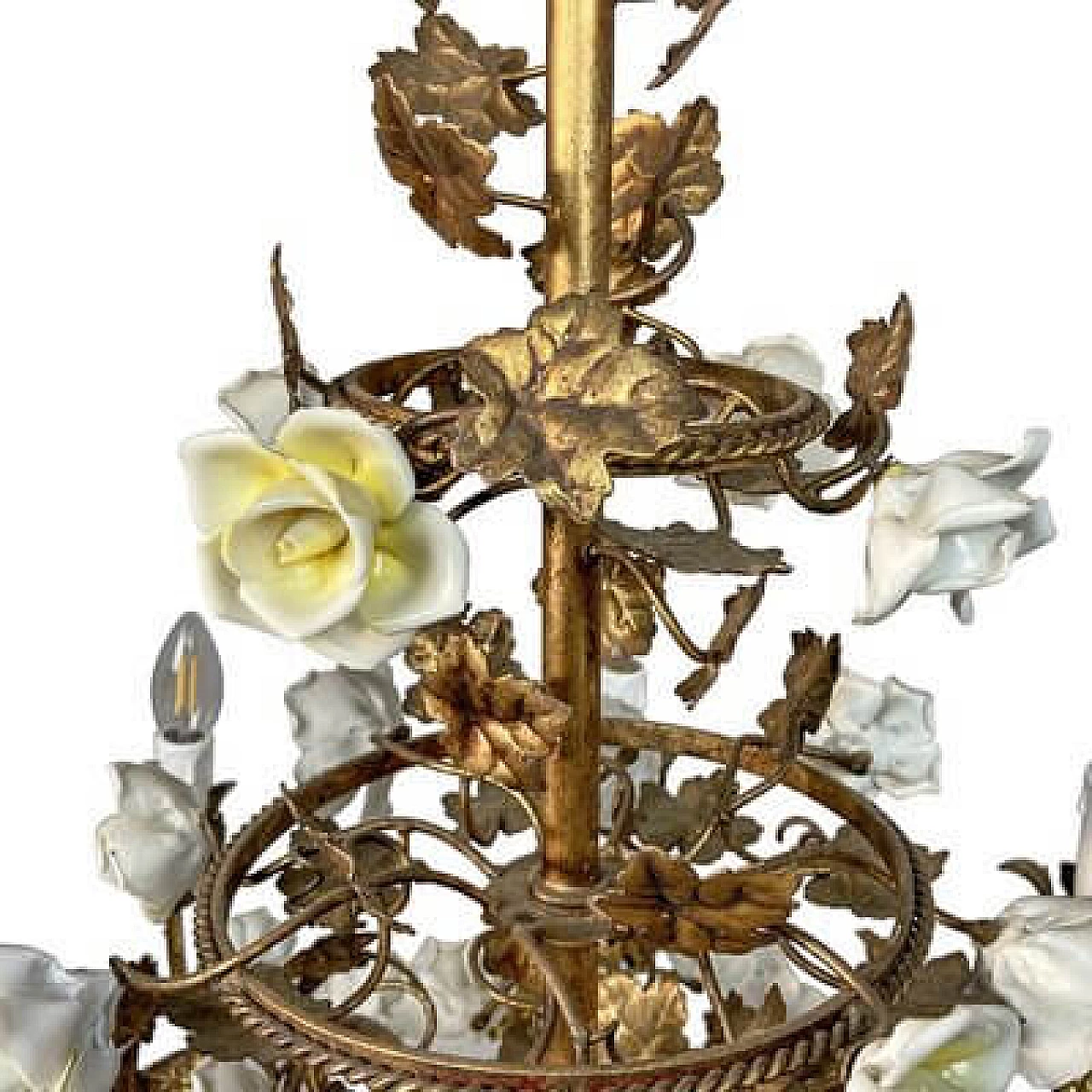 Lampadario in metallo dorato con rose in porcellana, inizio '900 3