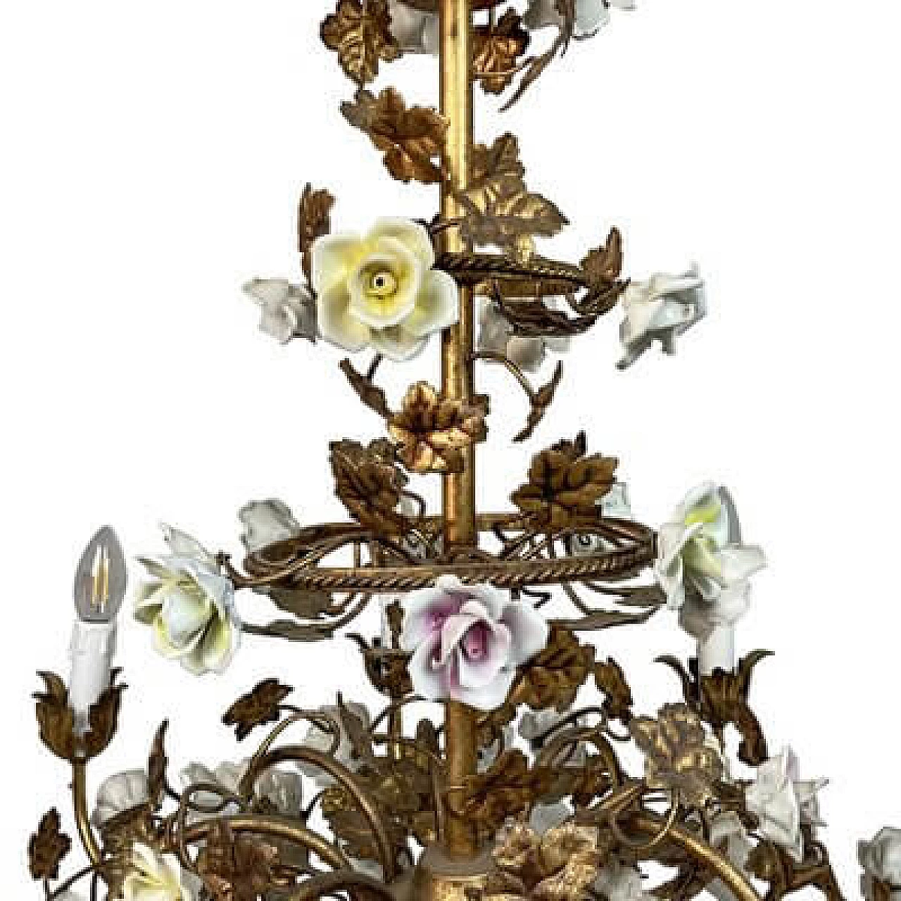 Lampadario in metallo dorato con rose in porcellana, inizio '900 4