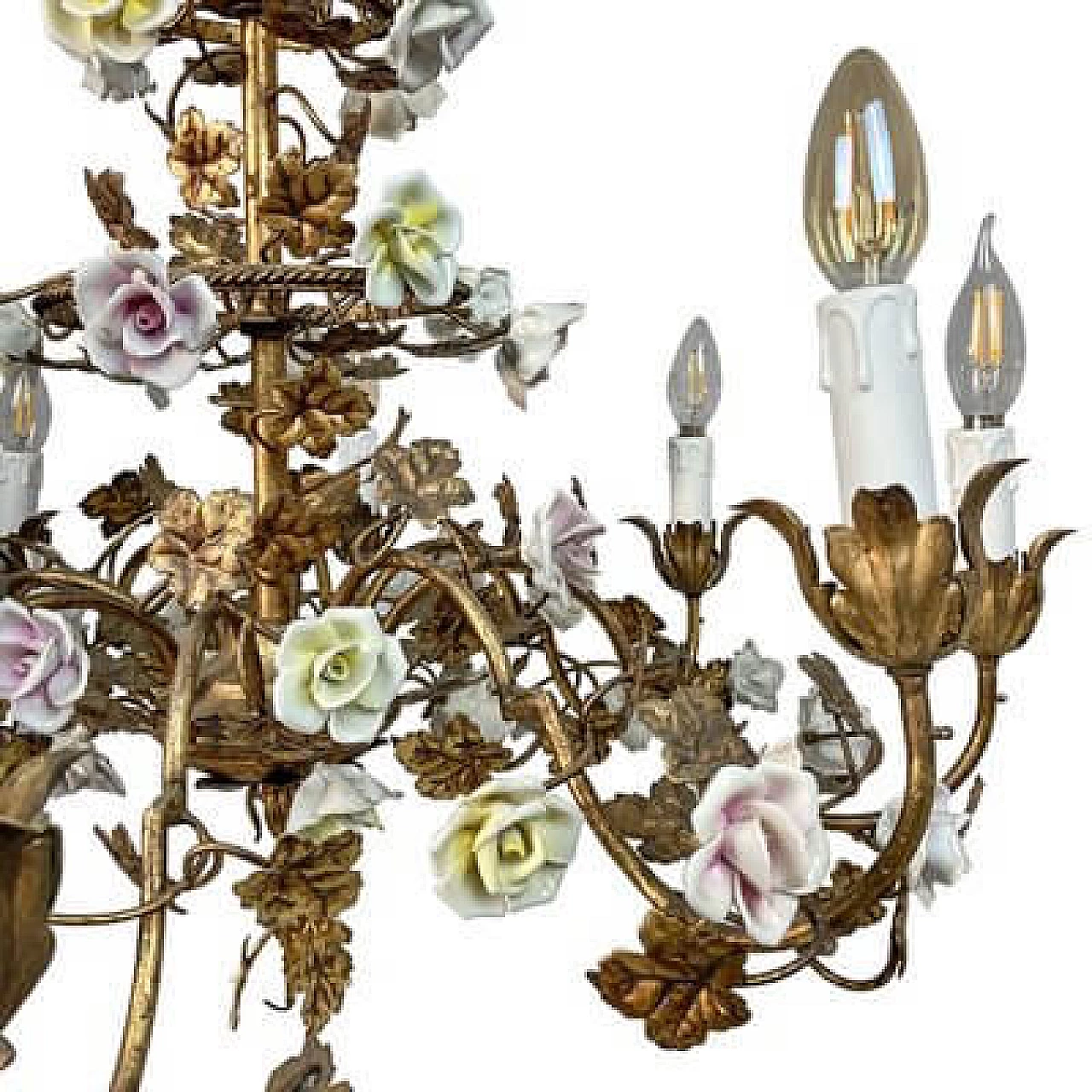 Lampadario in metallo dorato con rose in porcellana, inizio '900 6
