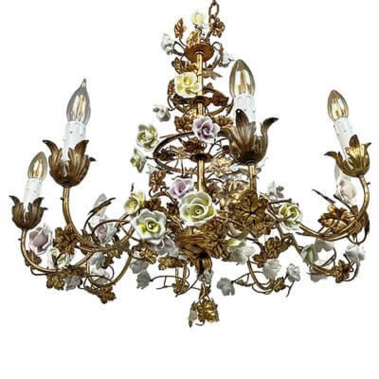 Lampadario in metallo dorato con rose in porcellana, inizio '900 7