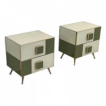 Pair of wood and glass bedside tables with brass feet, 2000s