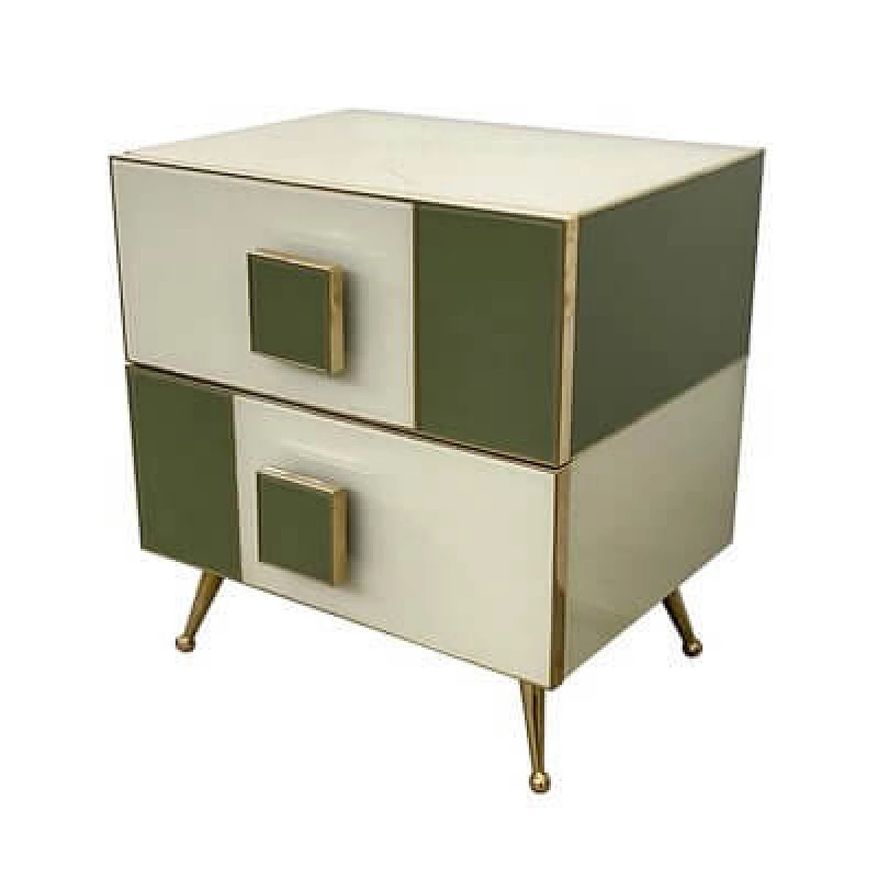 Pair of wood and glass bedside tables with brass feet, 2000s 2