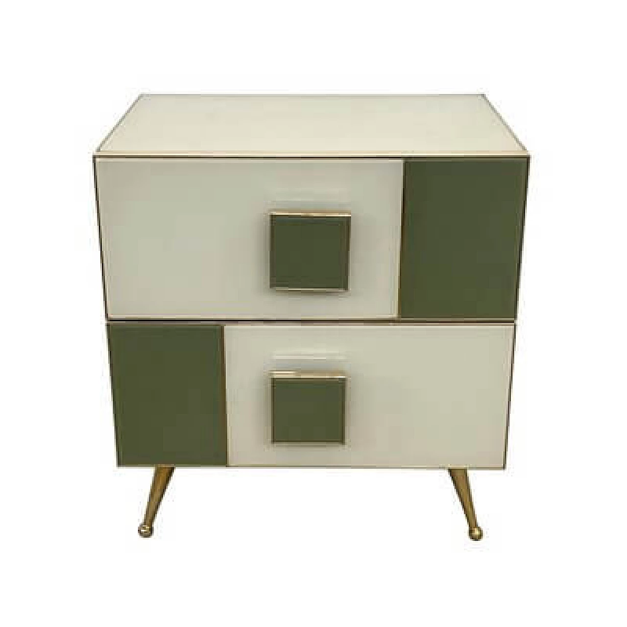 Pair of wood and glass bedside tables with brass feet, 2000s 3