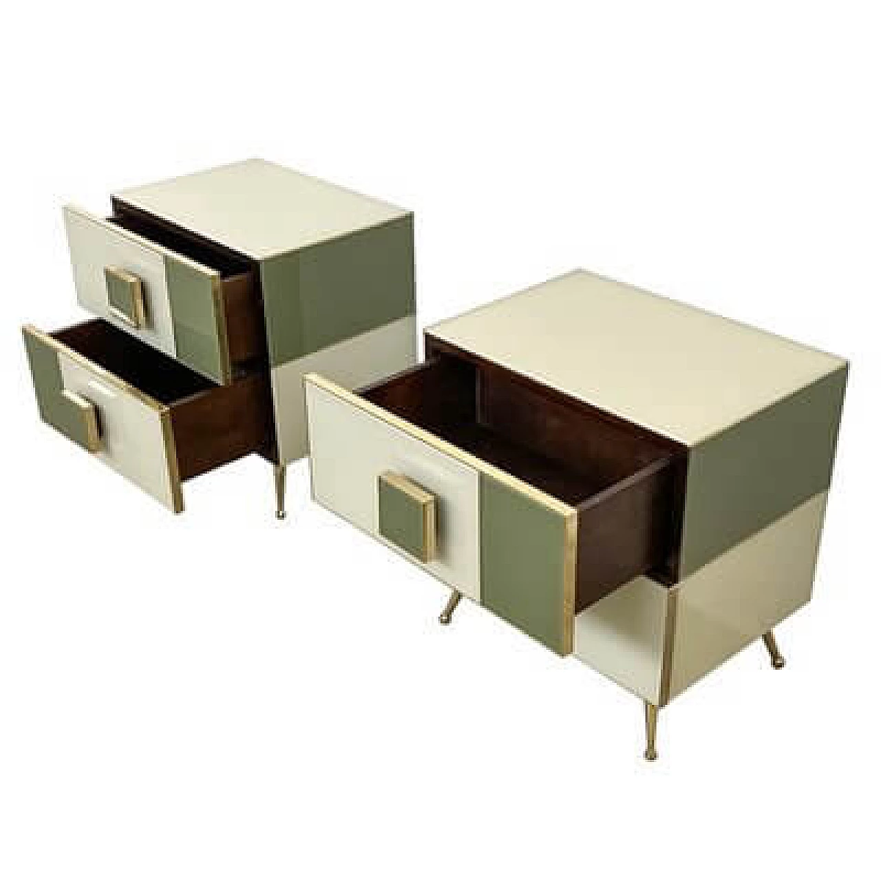 Pair of wood and glass bedside tables with brass feet, 2000s 4