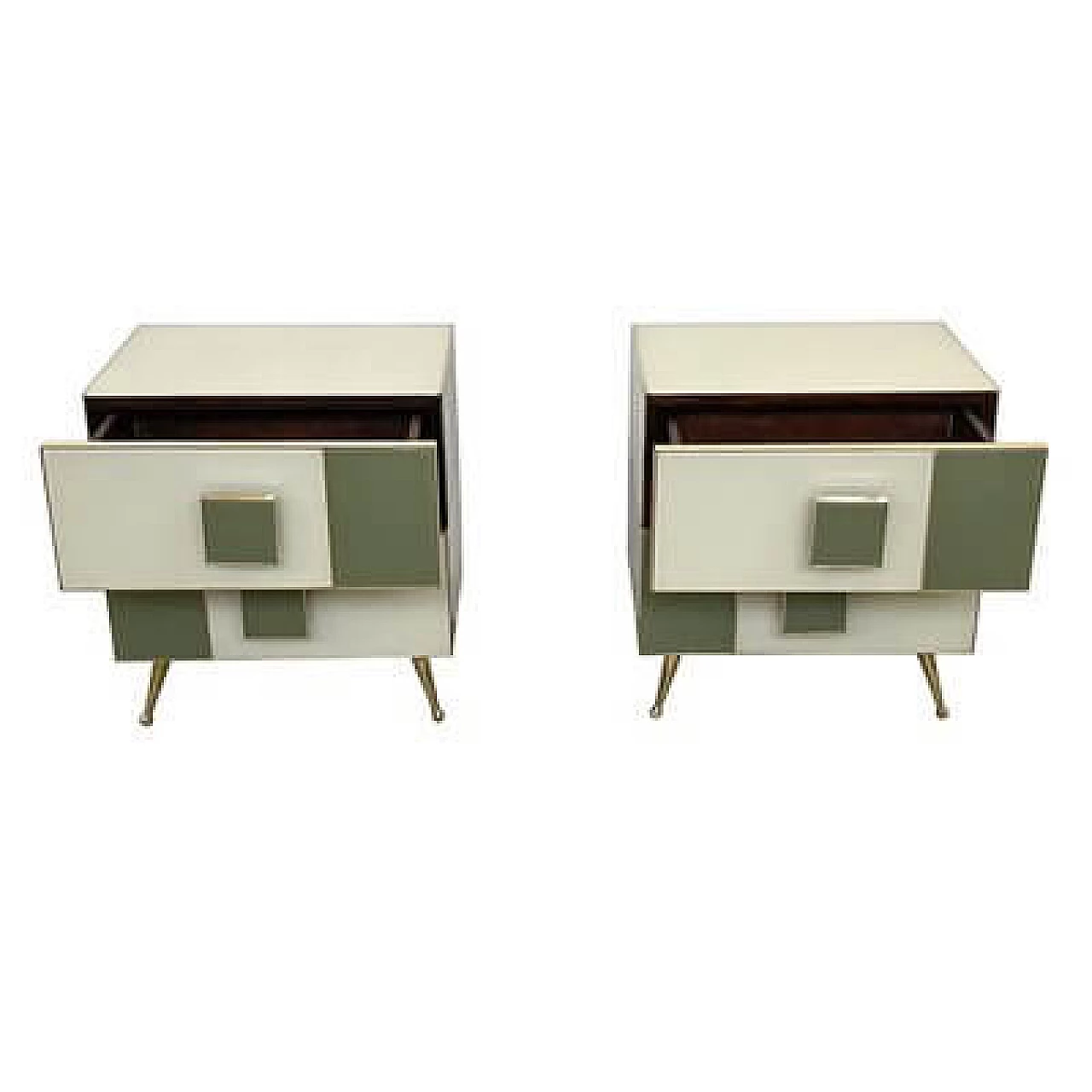 Pair of wood and glass bedside tables with brass feet, 2000s 5