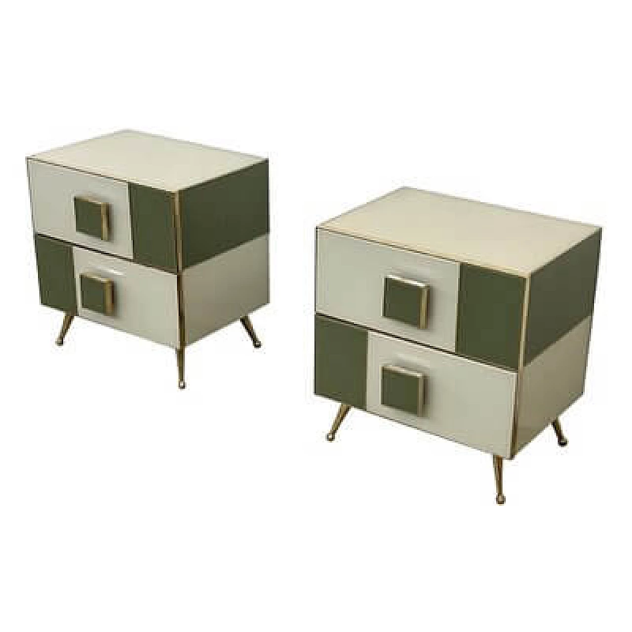 Pair of wood and glass bedside tables with brass feet, 2000s 7