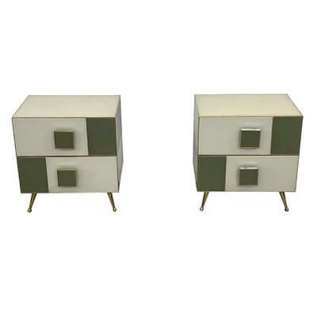 Pair of wood and glass bedside tables with brass feet, 2000s 8