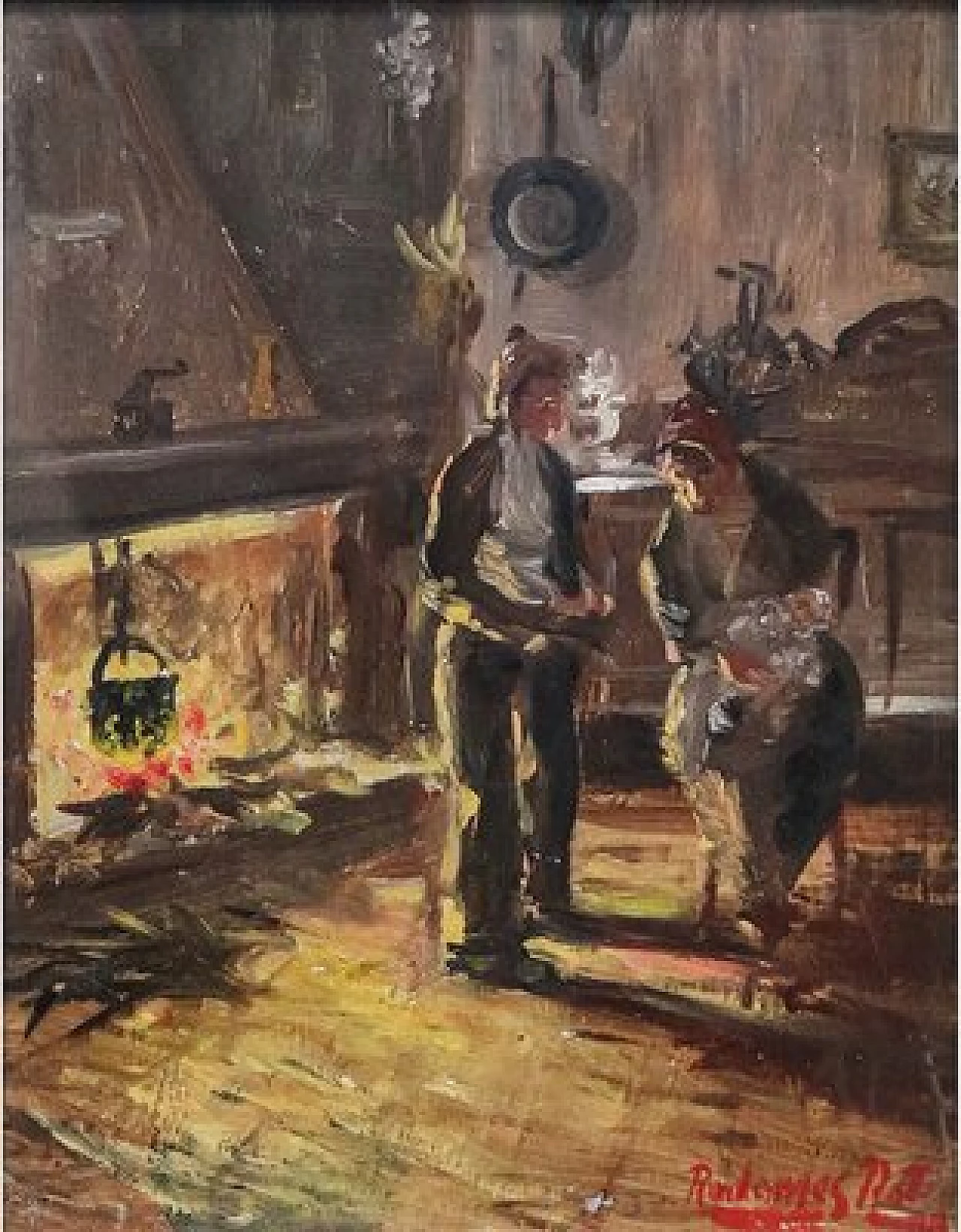Radames Rota, Kitchen interior with fireplace and characters, oil on panel, 1920s 1