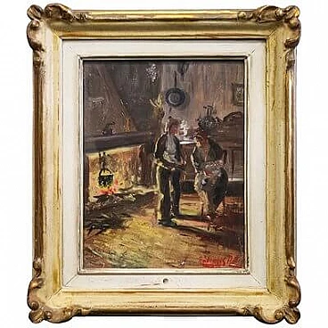 Radames Rota, Interno di cucina con camino e personaggi, olio su tavola, anni '20