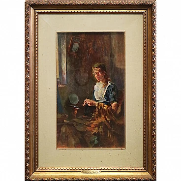 Lionello Balestrieri, ragazza che cuce, dipinto a olio su tavola di cartone, anni '20