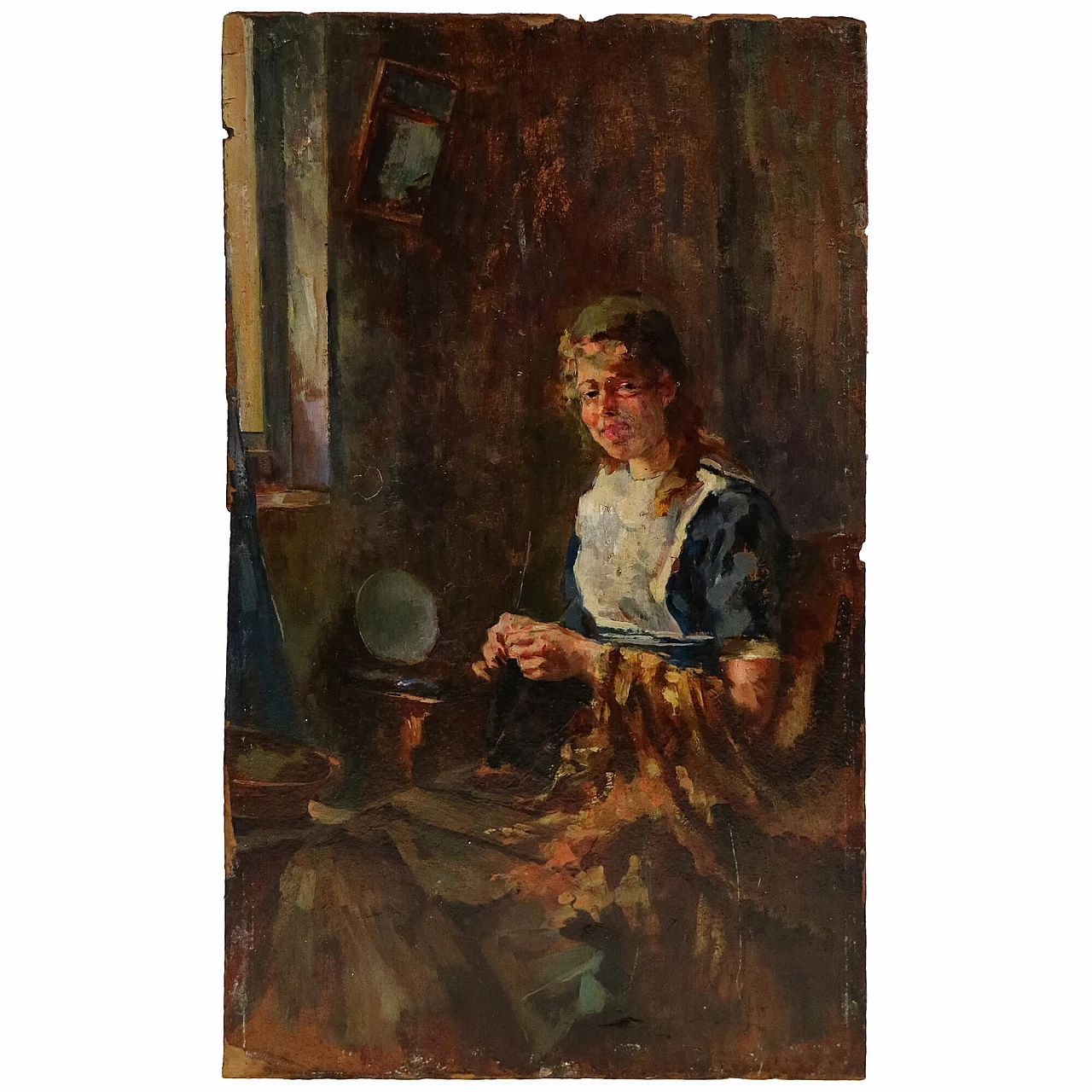 Lionello Balestrieri, ragazza che cuce, dipinto a olio su tavola di cartone, anni '20 5