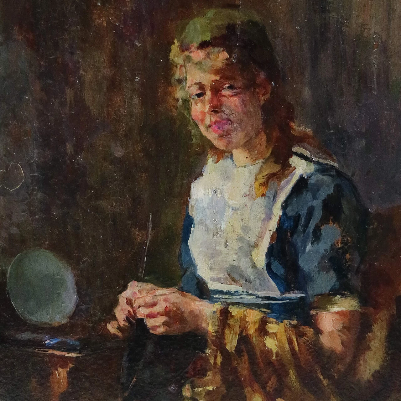 Lionello Balestrieri, girl sewing, oil painting on cardboard panel, 1920s 8