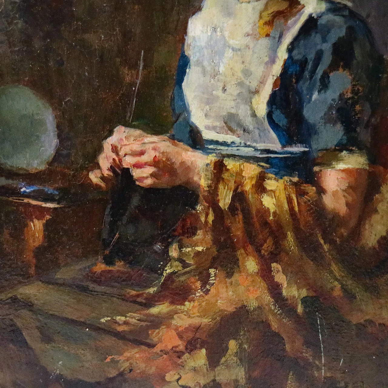 Lionello Balestrieri, girl sewing, oil painting on cardboard panel, 1920s 9