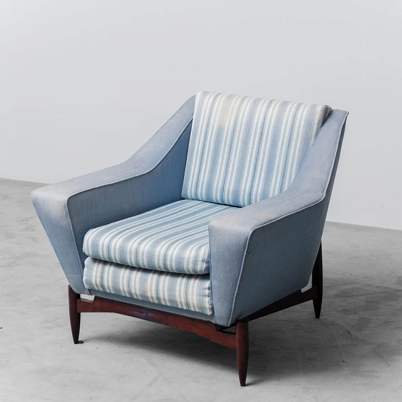 Wood and blue fabric armchair with striped seat, 1960s 1
