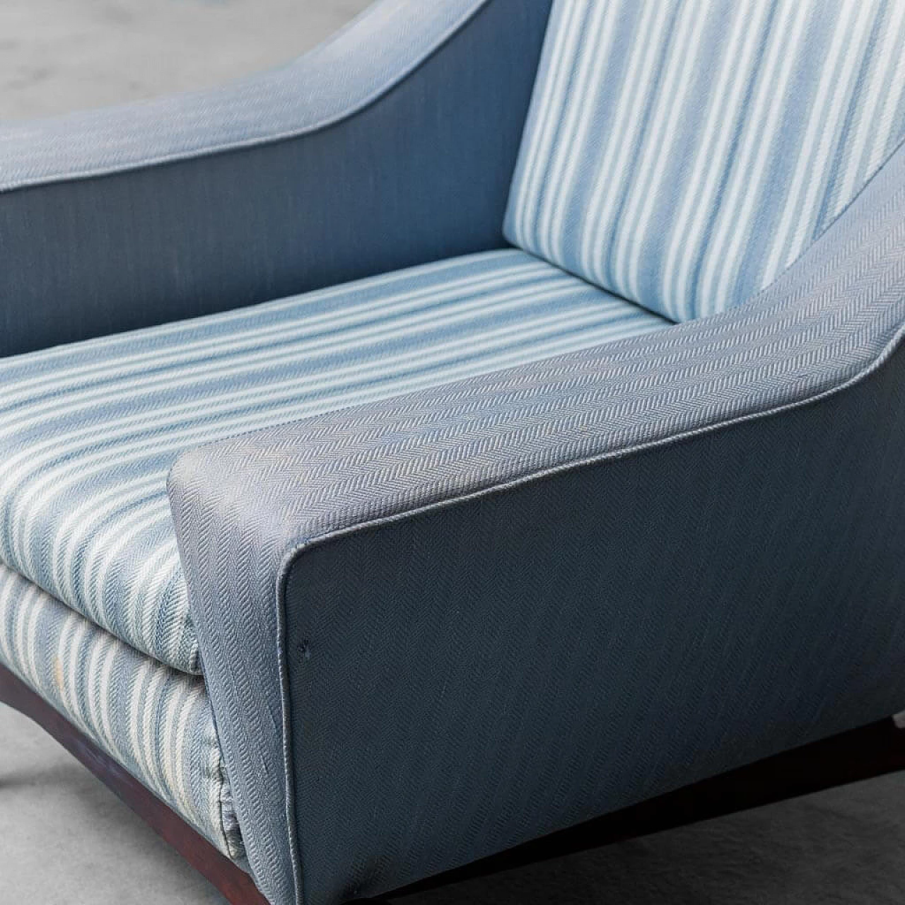 Wood and blue fabric armchair with striped seat, 1960s 2