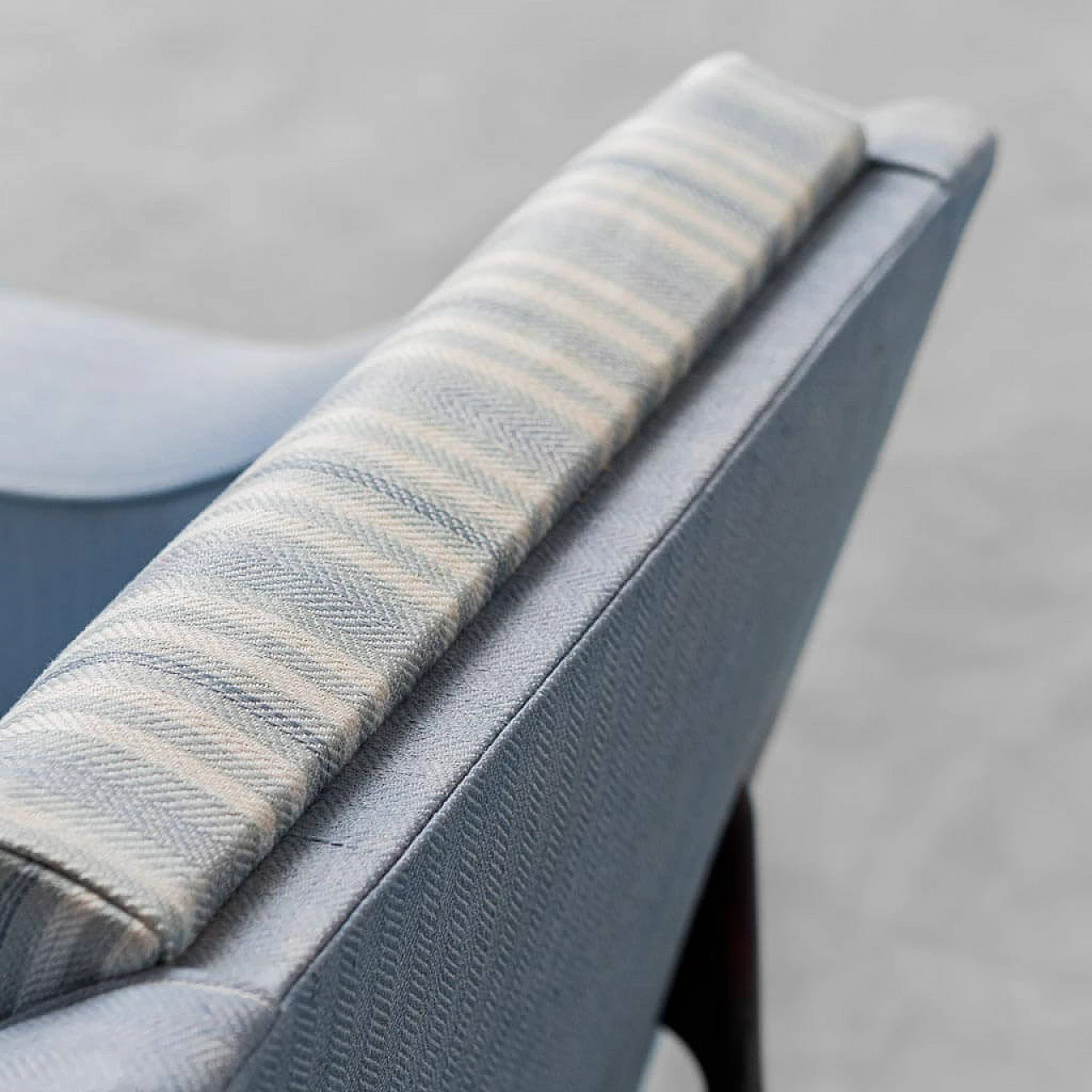 Wood and blue fabric armchair with striped seat, 1960s 3