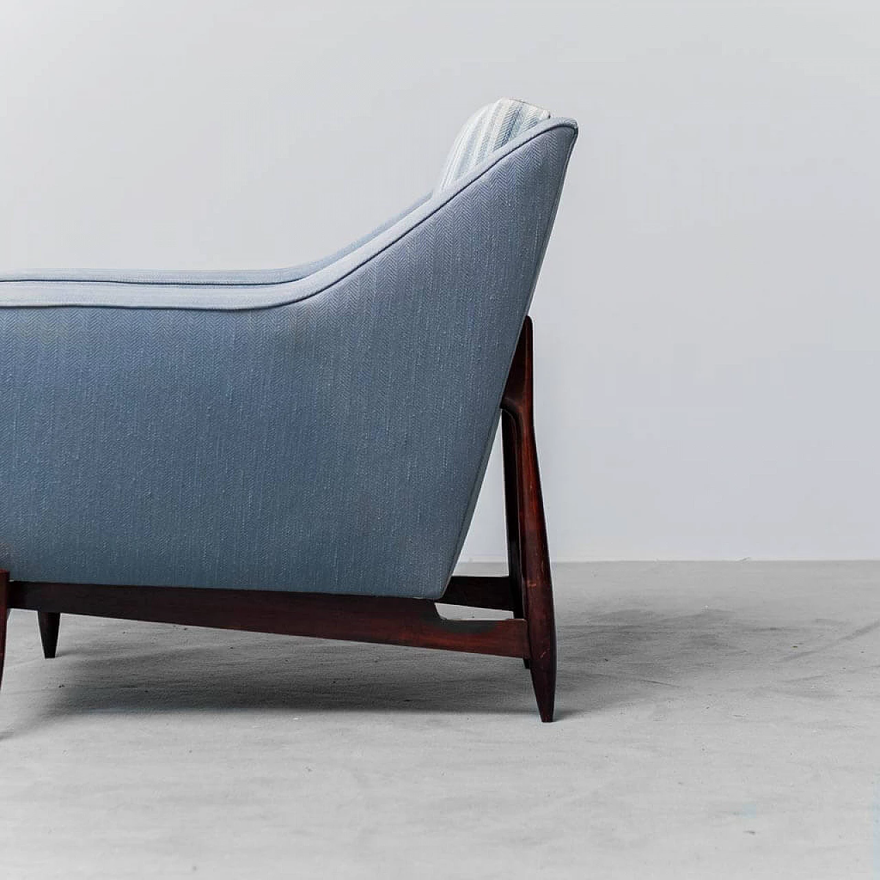 Wood and blue fabric armchair with striped seat, 1960s 4